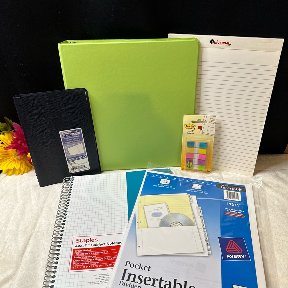 New 6pc Bundle School/Office 3 Ring 1.5” Binder/Notebooks/Pocket Dividers & More